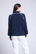 Pull Col Montant Contraste Megan - Bleu Marine Et Blanc - Femme