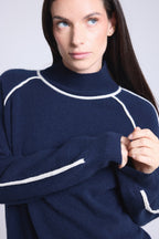 Pull Col Montant Contraste Megan - Bleu Marine Et Blanc - Femme