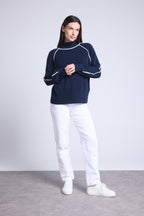 Pull Col Montant Contraste Megan - Bleu Marine Et Blanc - Femme