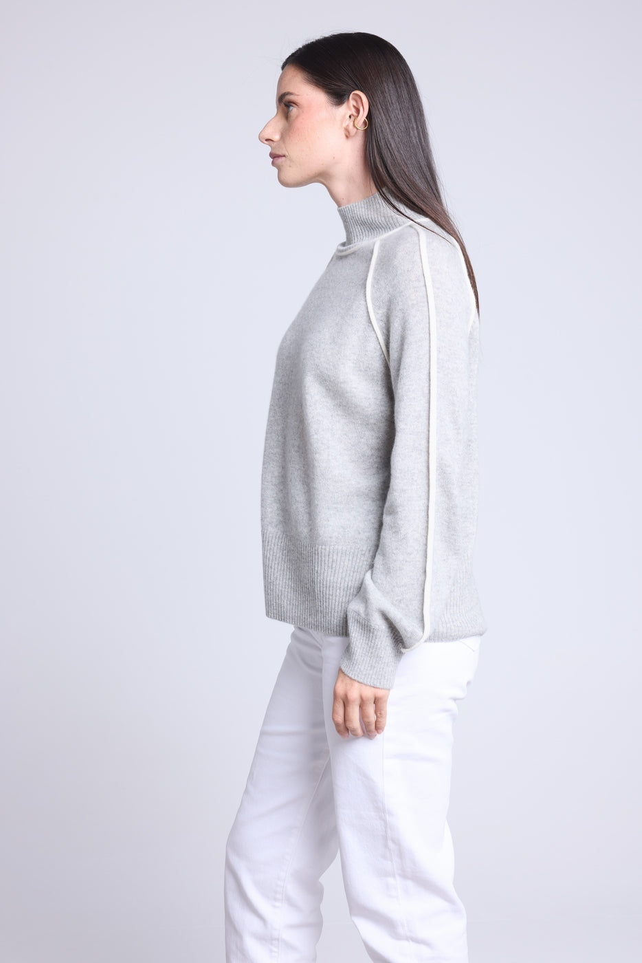 Pull Col Montant Contraste Megan - Gris Et Blanc - Femme