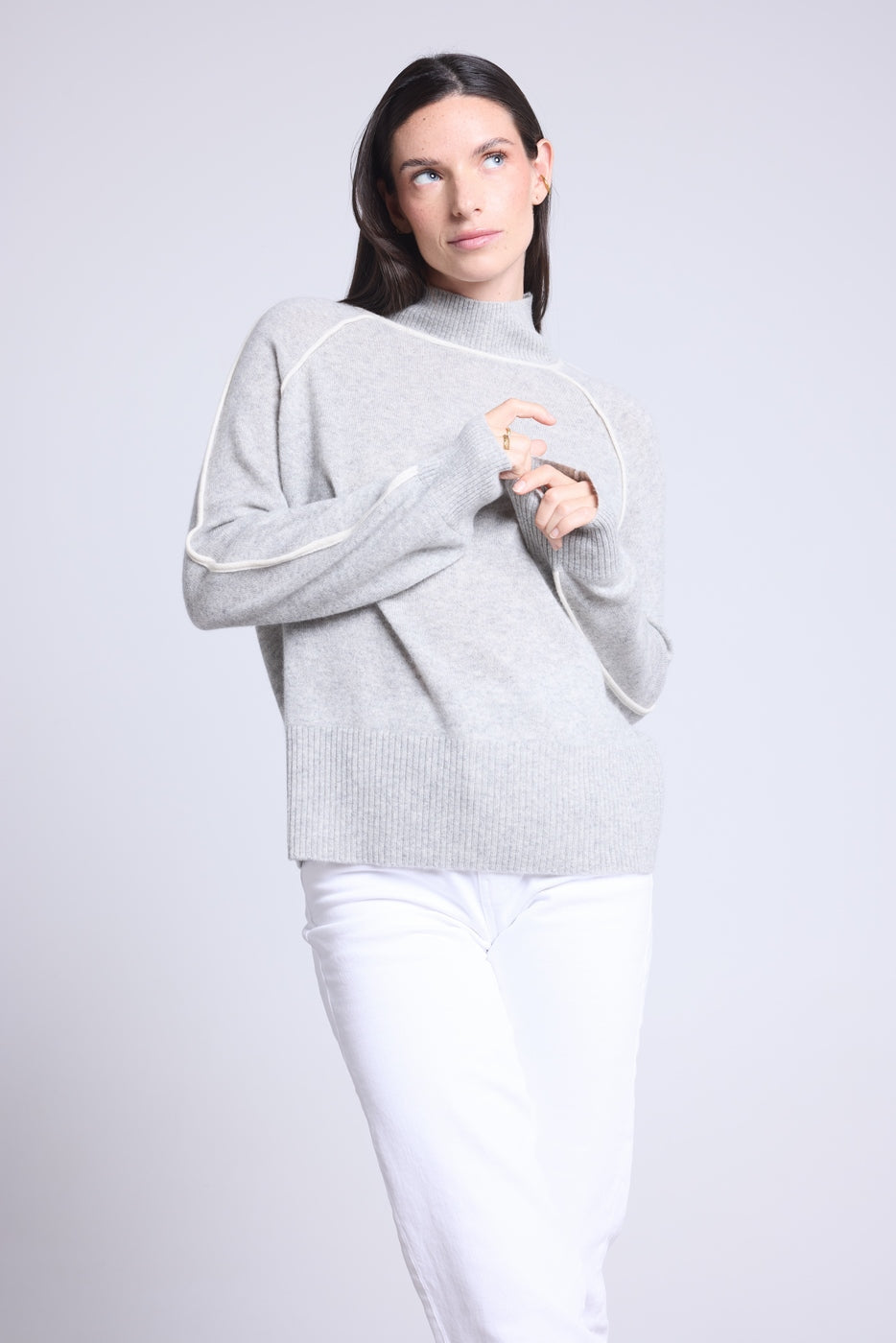 Pull Col Montant Contraste Megan - Gris Et Blanc - Femme