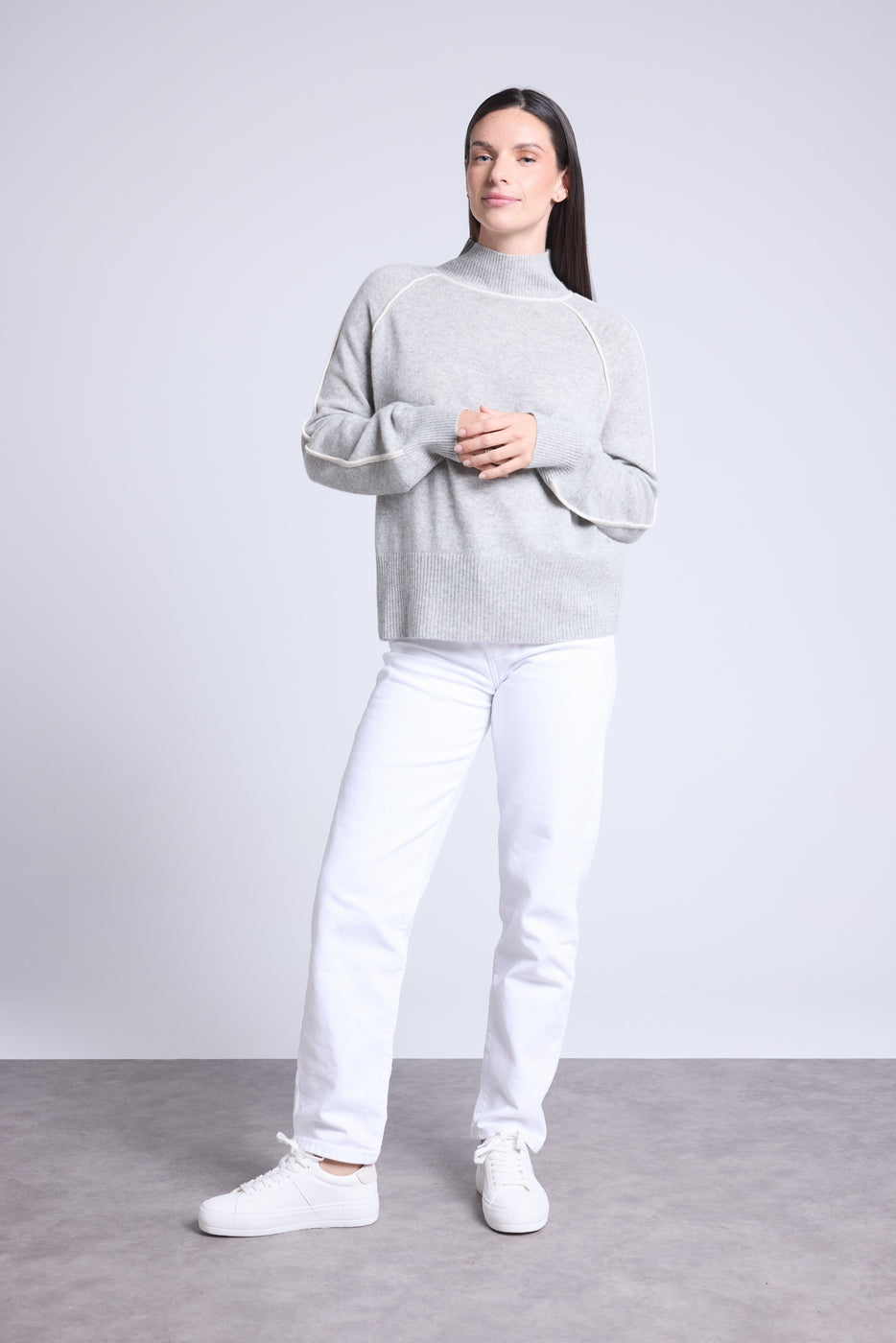 Pull Col Montant Contraste Megan - Gris Et Blanc - Femme