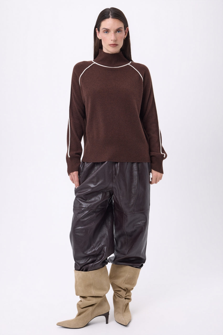 Jersey de cuello alto en contraste Megan - Marrón chocolate blanco - Mujer