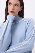 Pull Col Montant Contraste Megan - Bleu Ciel Blanc - Femme