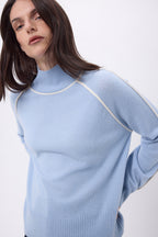 Pull Col Montant Contraste Megan - Bleu Ciel Blanc - Femme