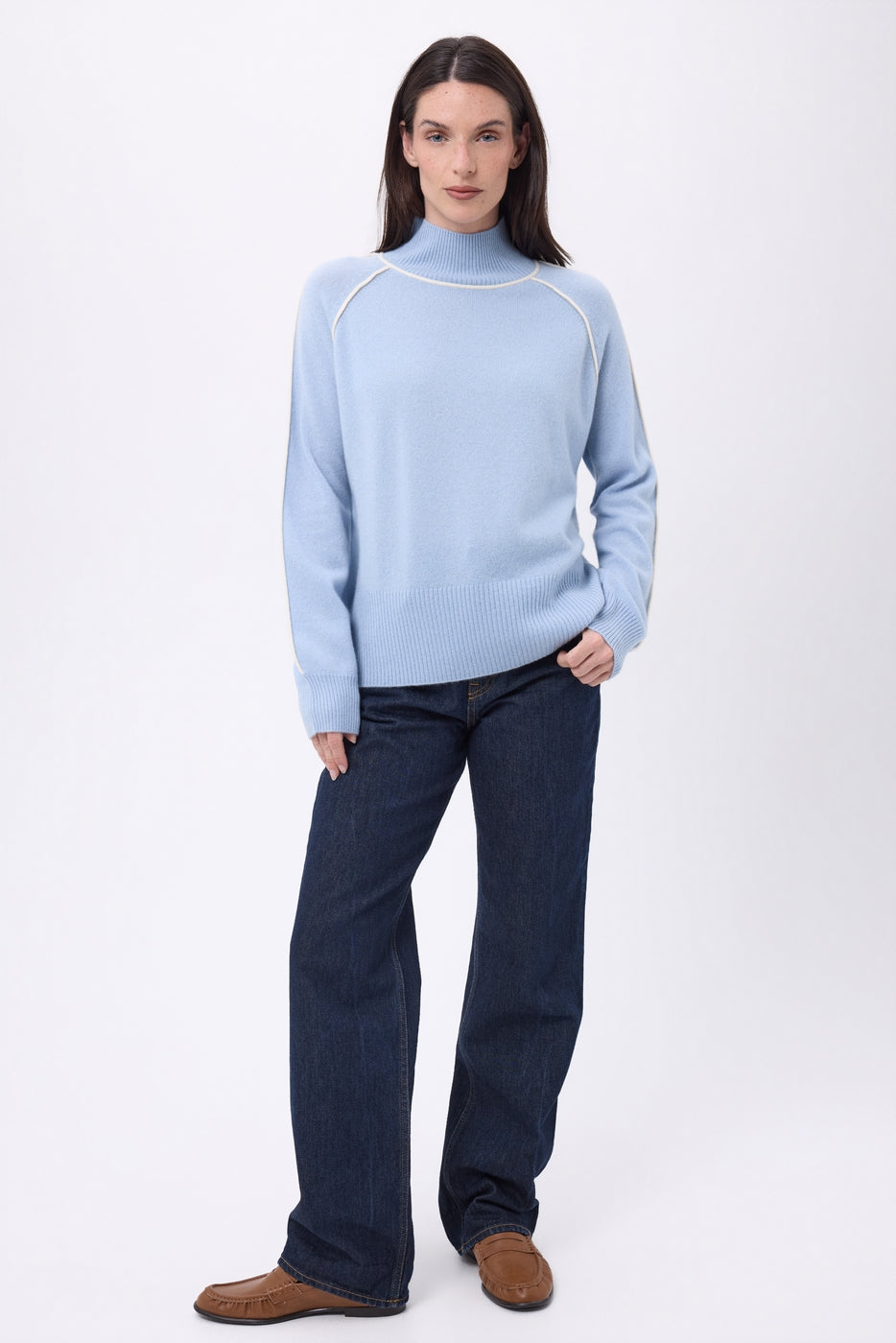 Pull Col Montant Contraste Megan - Bleu Ciel Blanc - Femme