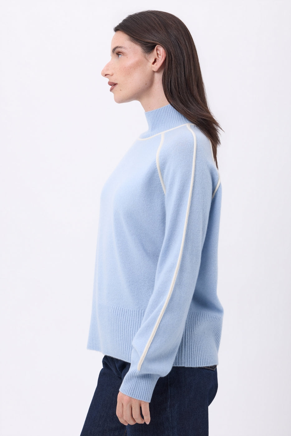 Pull Col Montant Contraste Megan - Bleu Ciel Blanc - Femme