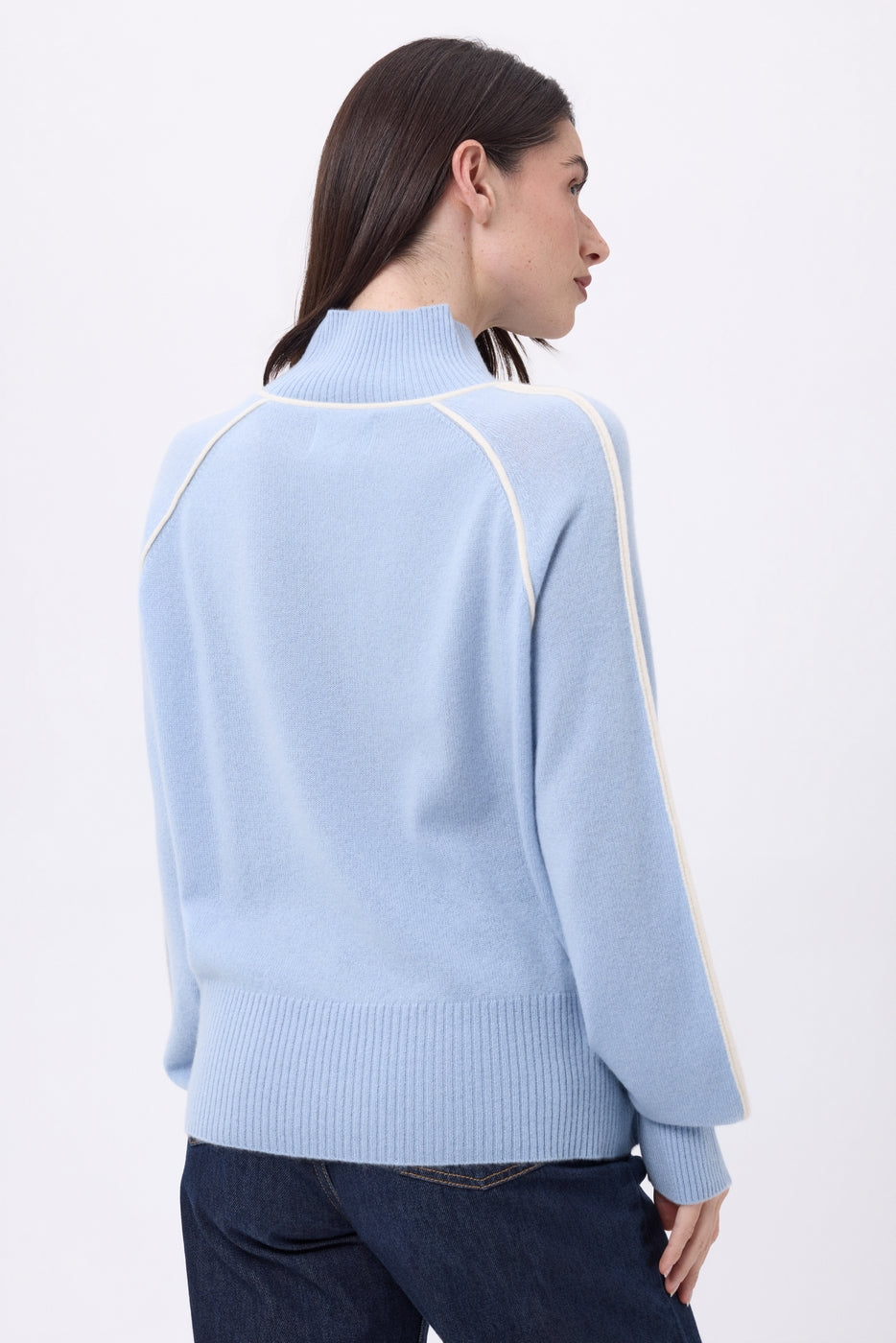 Pull Col Montant Contraste Megan - Bleu Ciel Blanc - Femme