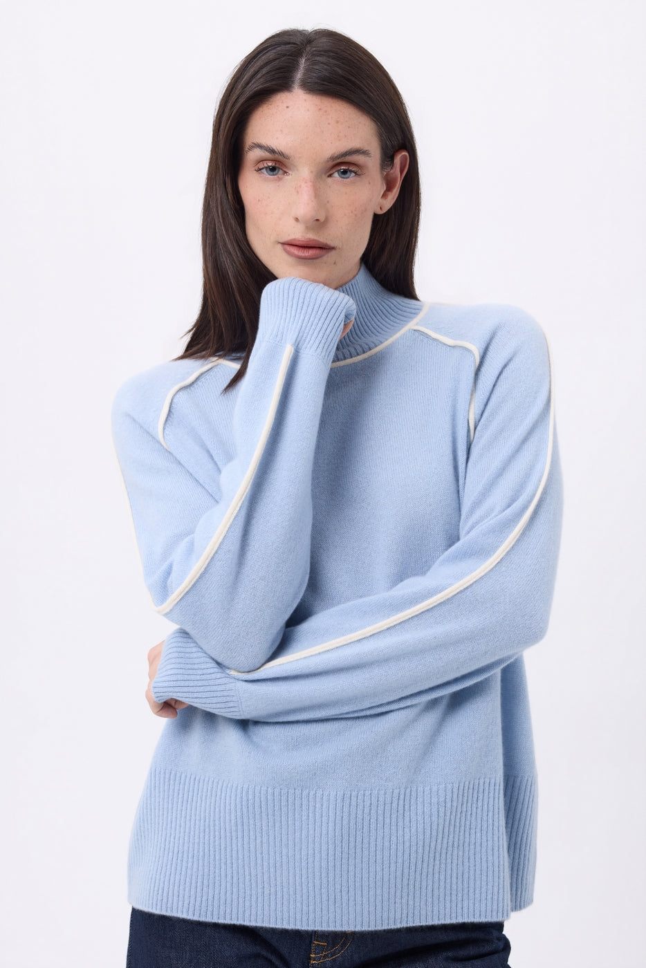 Pull Col Montant Contraste Megan - Bleu Ciel Blanc - Femme
