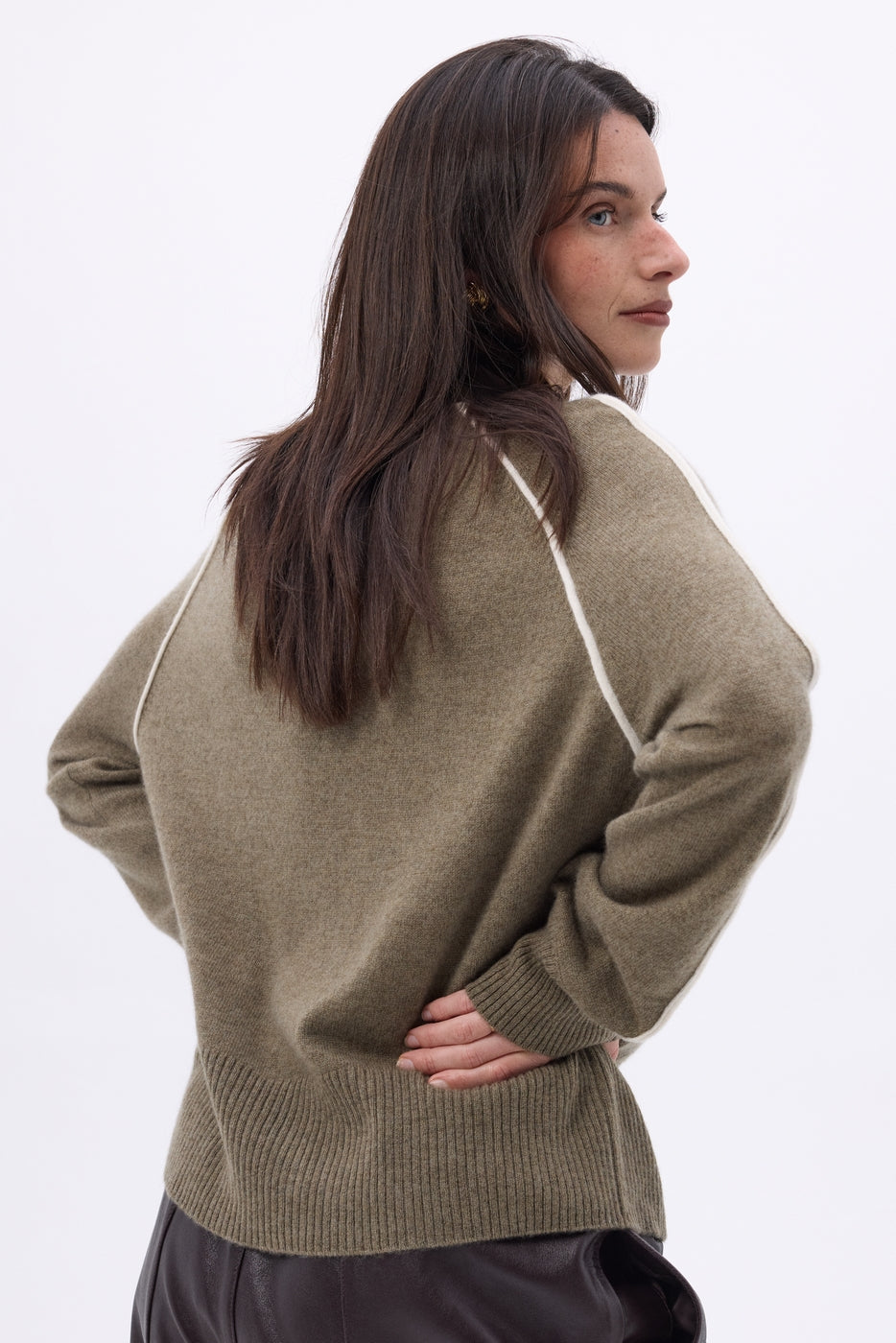 Megan Contrast High Neck Jumper - Mottled Khaki White - Women