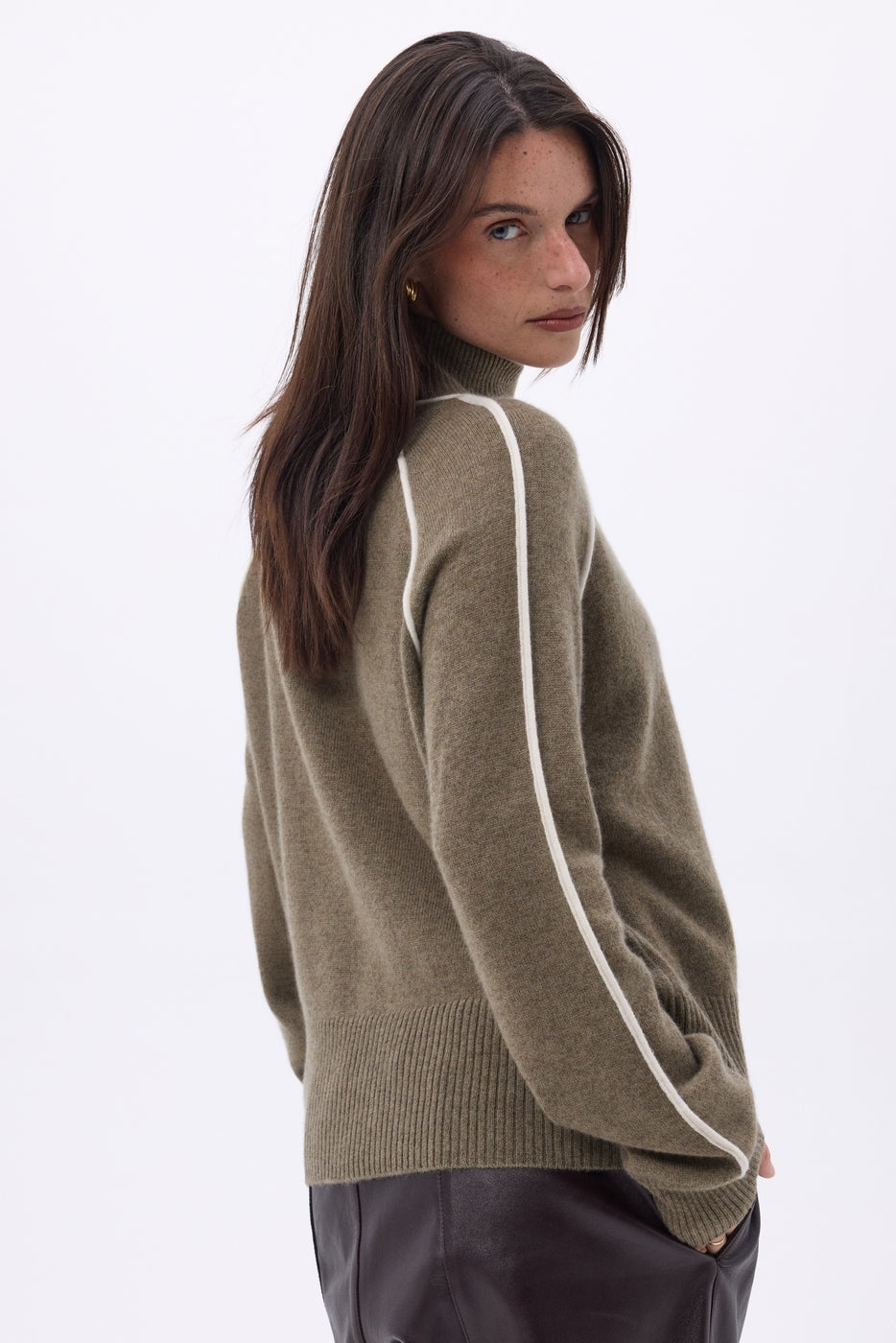 Megan Contrast High Neck Jumper - Mottled Khaki White - Women