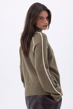 Megan Contrast High Neck Jumper - Mottled Khaki White - Women