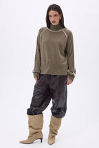 Megan Contrast High Neck Jumper - Mottled Khaki White - Women