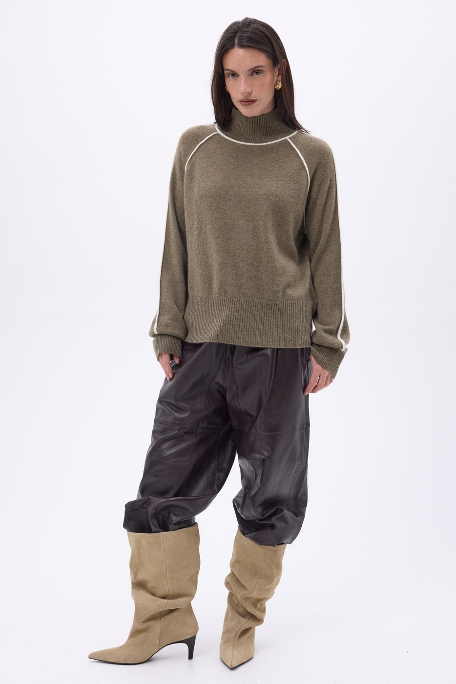 Megan Contrast High Neck Jumper - Mottled Khaki White - Women