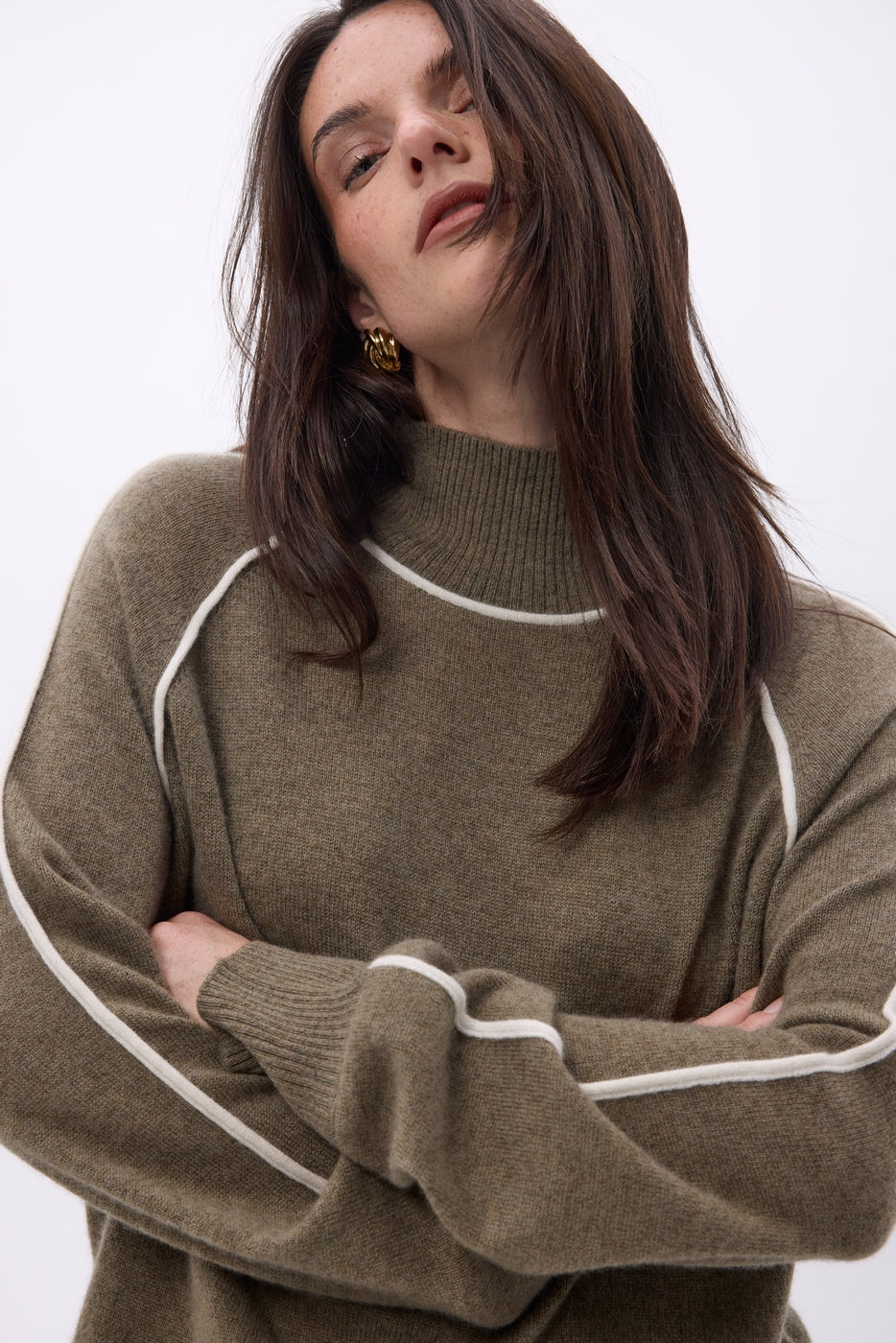 Megan Contrast High Neck Jumper - Mottled Khaki White - Women