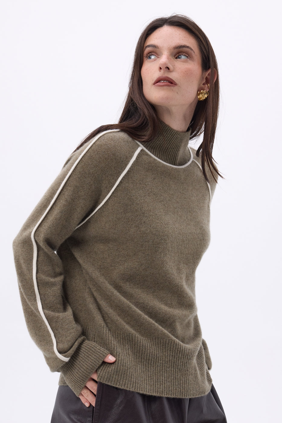 Megan Contrast High Neck Jumper - Mottled Khaki White - Women
