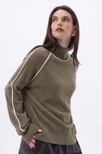 Megan Contrast High Neck Jumper - Mottled Khaki White - Women