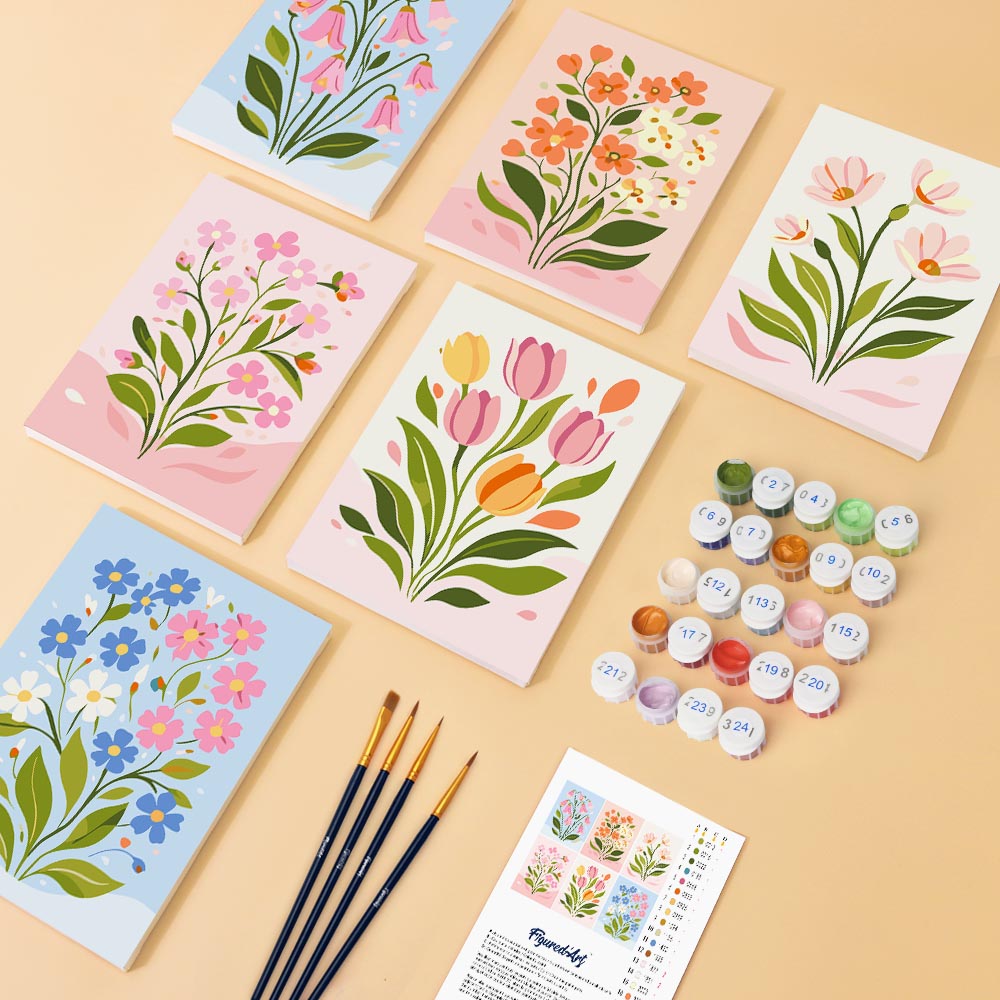 Mini Peinture Par Numéros 15X20Cm (6 Pièces) - Fleurs Pastel