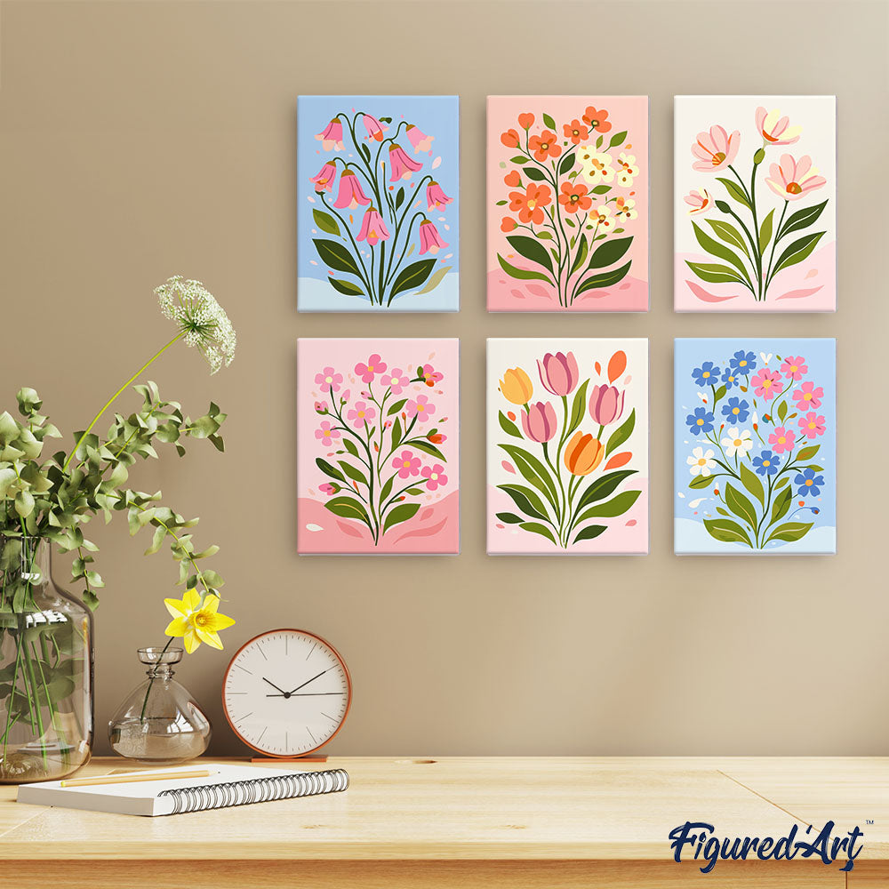 Mini Peinture Par Numéros 15X20Cm (6 Pièces) - Fleurs Pastel