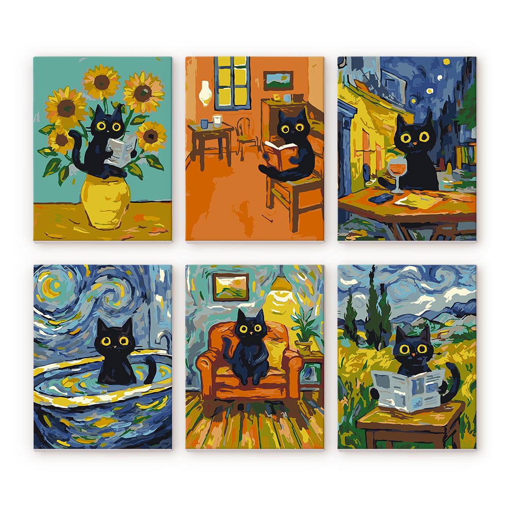 Mini Paint By Numbers 15X20Cm (6 Pieces) - Van Gogh Style Cat