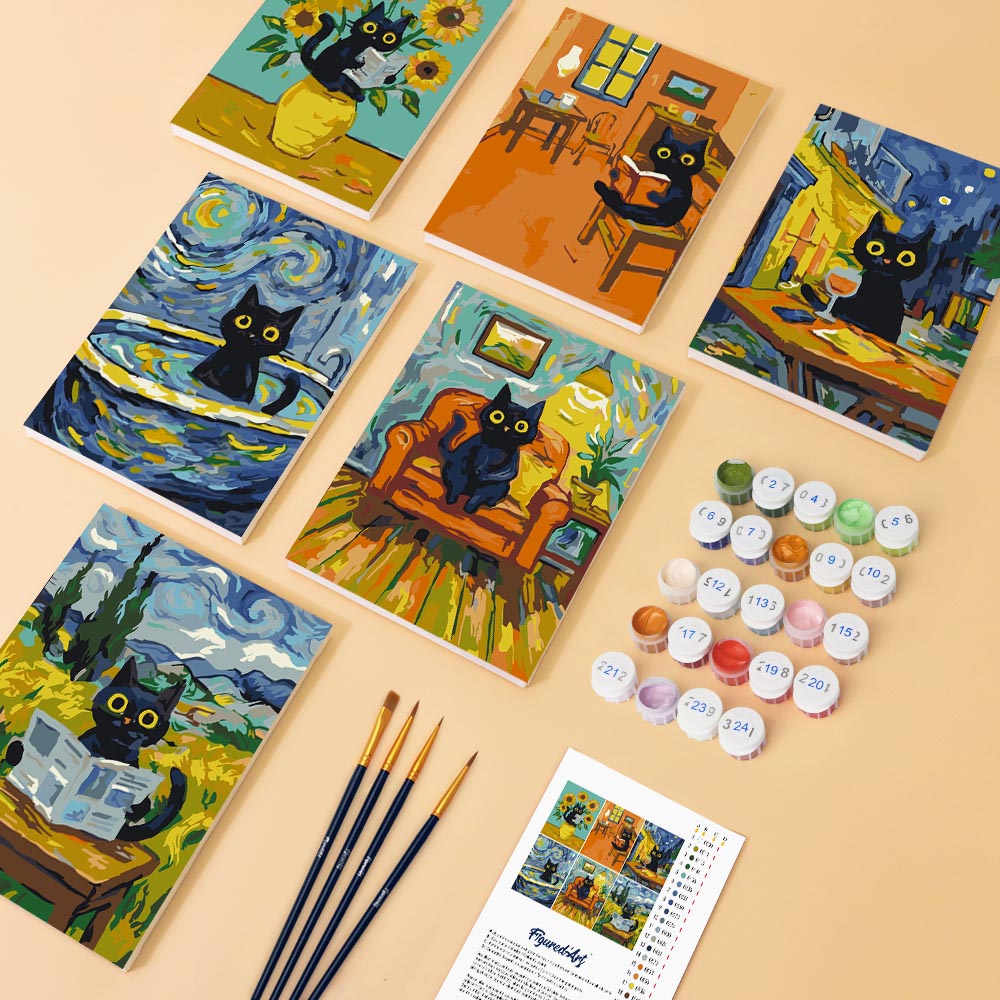 Mini Paint By Numbers 15X20Cm (6 Pieces) - Van Gogh Style Cat