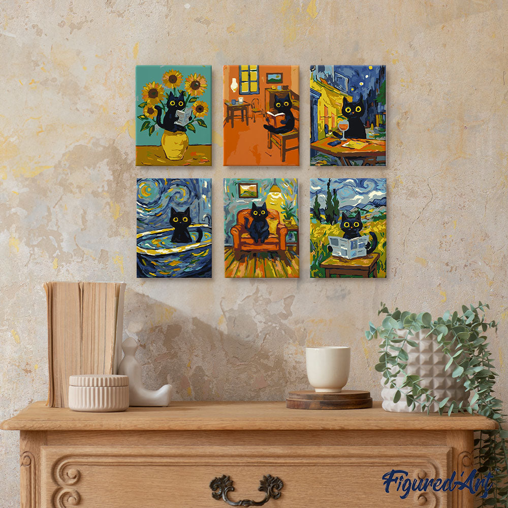 Mini Paint By Numbers 15X20Cm (6 Pieces) - Van Gogh Style Cat
