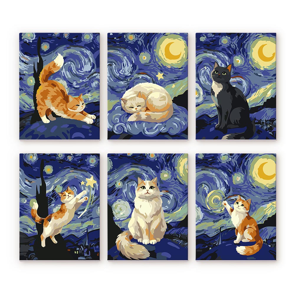Mini Peinture Par Numéros 15X20Cm (6 Pièces) - Chats Nuit Étoilée