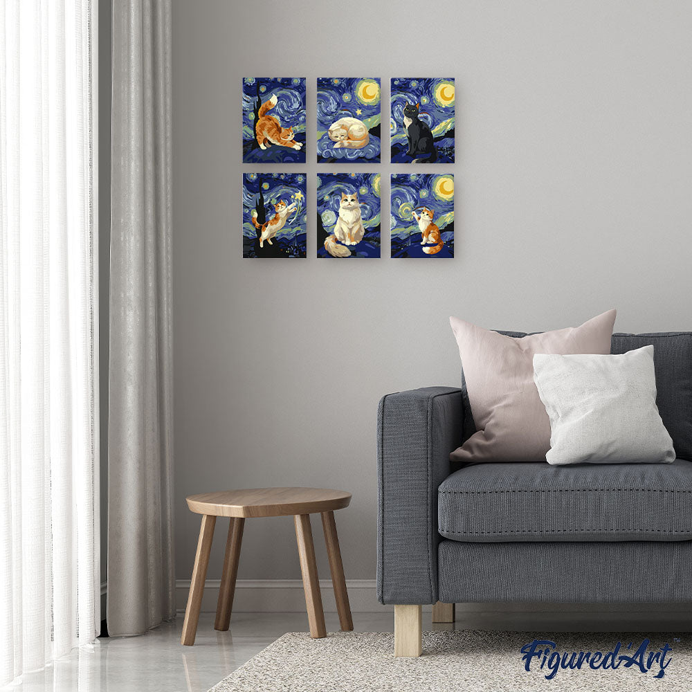 Mini Peinture Par Numéros 15X20Cm (6 Pièces) - Chats Nuit Étoilée
