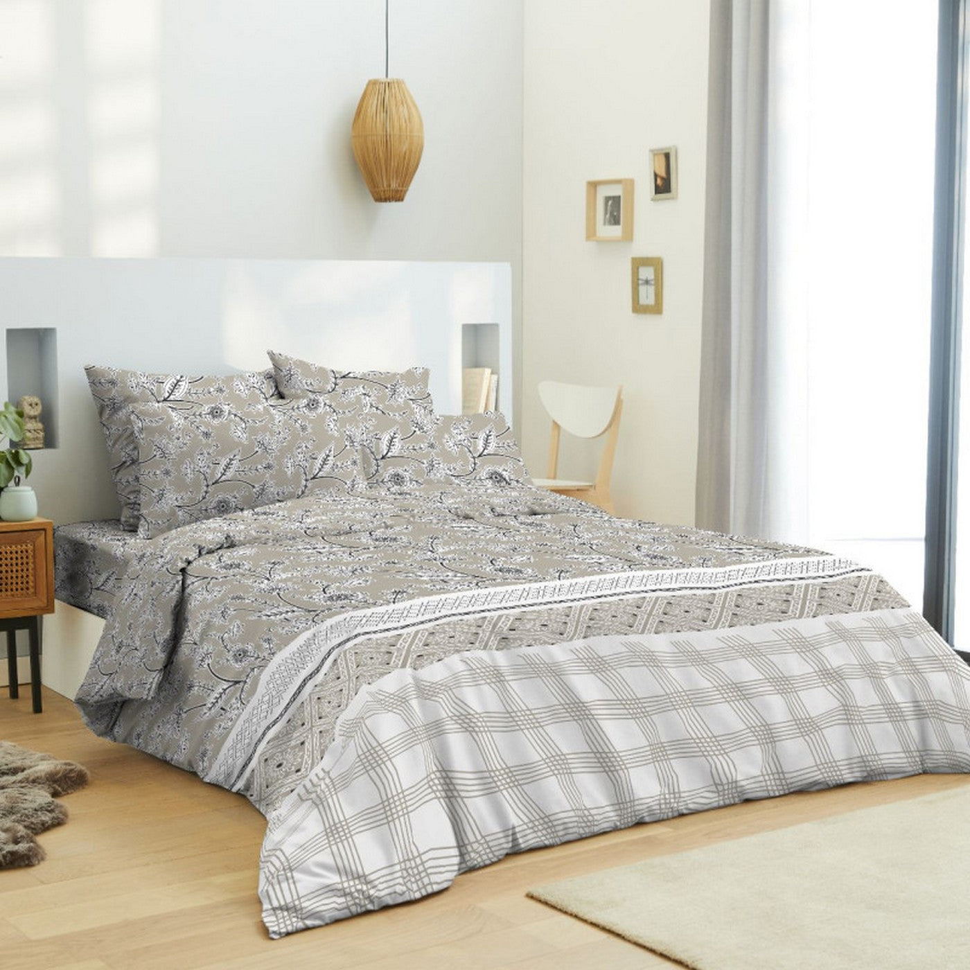 Parure De Couette - 100% Coton - Floral Taupe