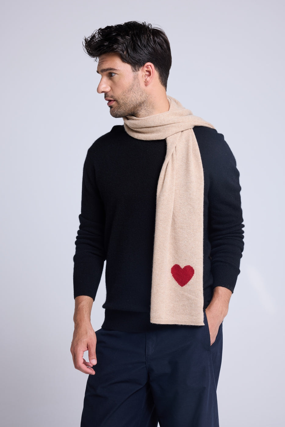 Bufanda Estola Unisex con Corazón de Cachemir - Beige Crema Rojo
