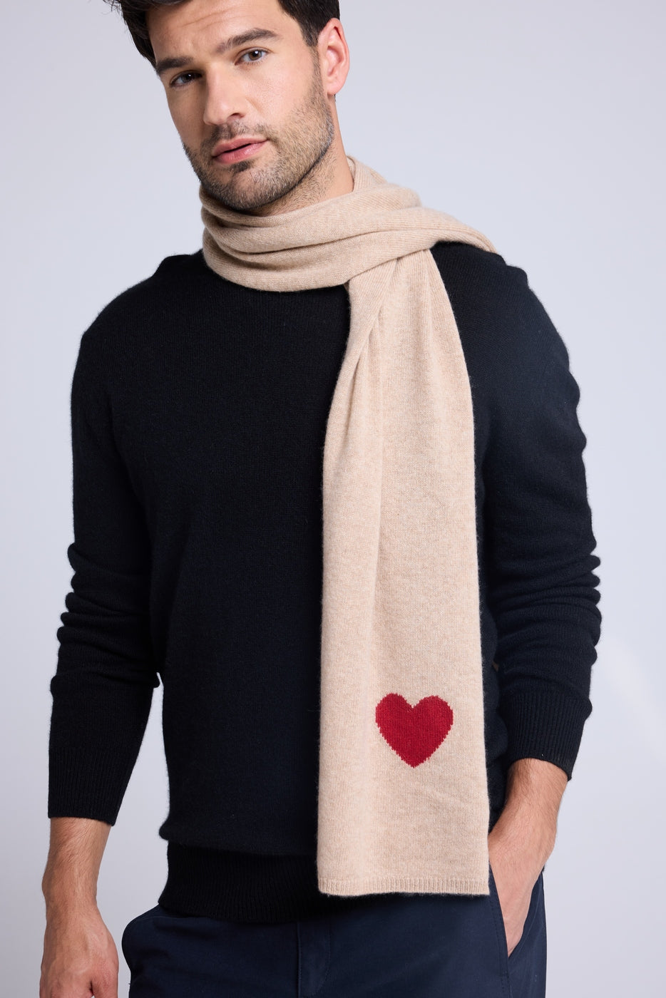 Bufanda Estola Unisex con Corazón de Cachemir - Beige Crema Rojo