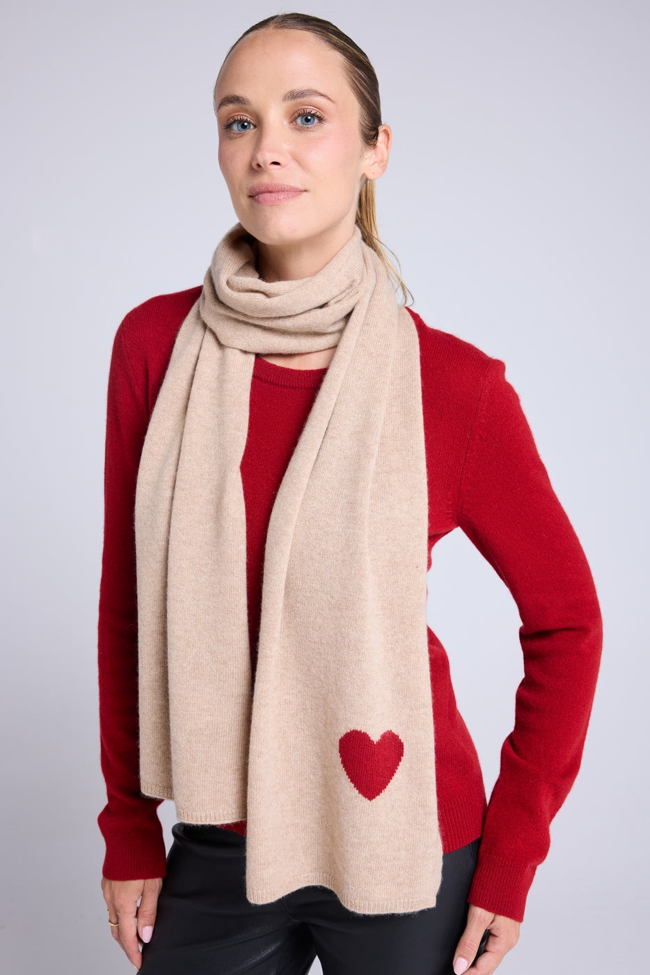 Bufanda Estola Unisex con Corazón de Cachemir - Beige Crema Rojo
