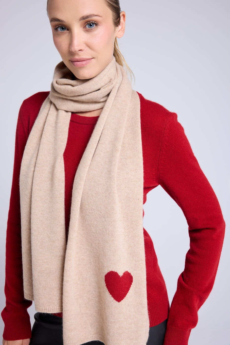Bufanda Estola Unisex con Corazón de Cachemir - Beige Crema Rojo