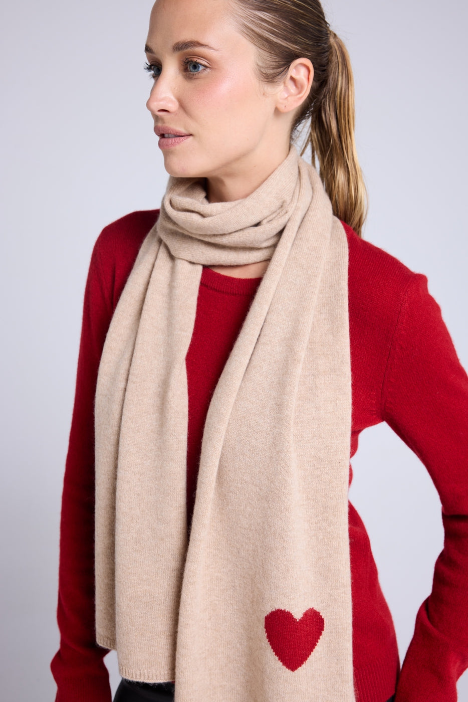 Bufanda Estola Unisex con Corazón de Cachemir - Beige Crema Rojo