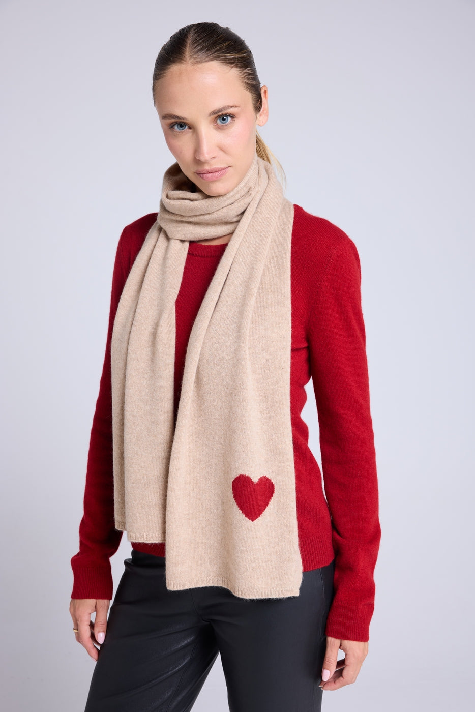 Bufanda Estola Unisex con Corazón de Cachemir - Beige Crema Rojo
