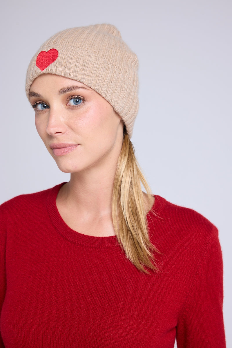 Bonnet Unisexe Cœur - Beige Crème Rouge