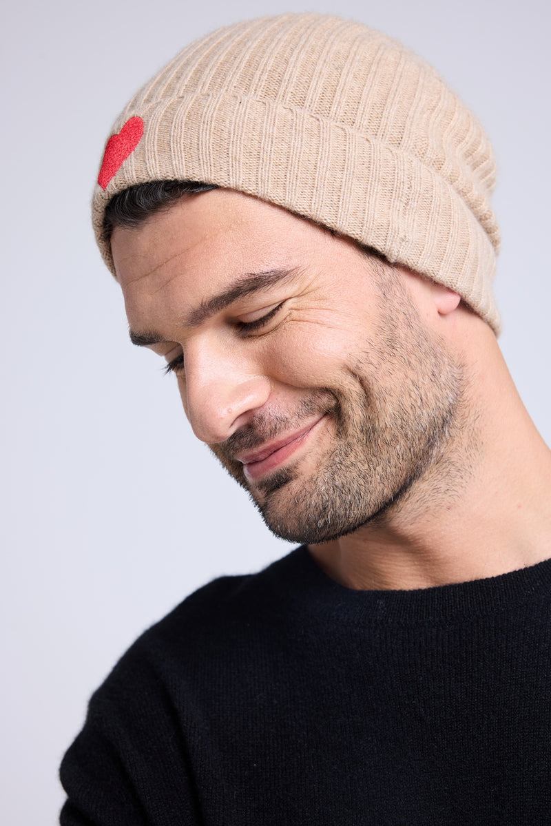 Bonnet Unisexe Cœur - Beige Crème Rouge