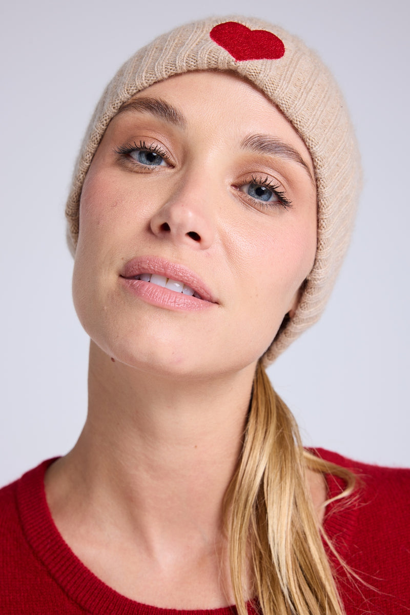 Bonnet Unisexe Cœur - Beige Crème Rouge