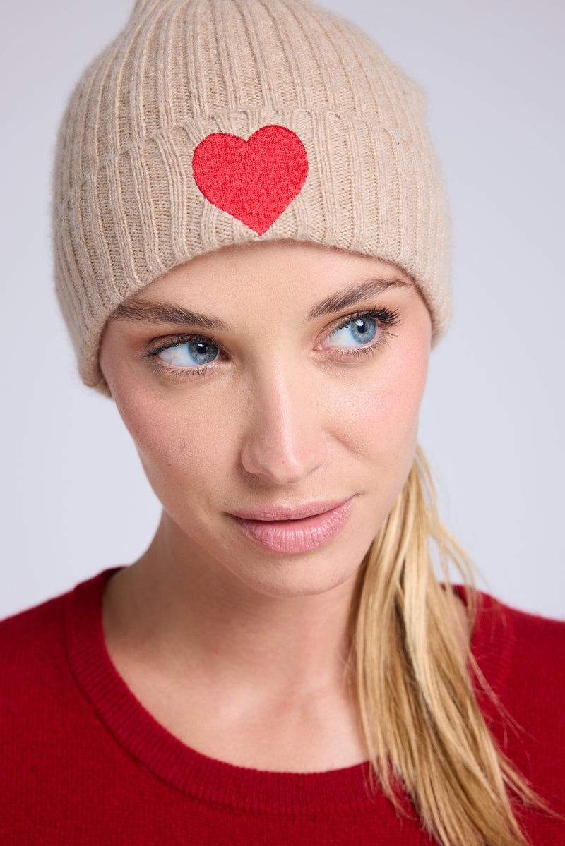Bonnet Unisexe Cœur - Beige Crème Rouge