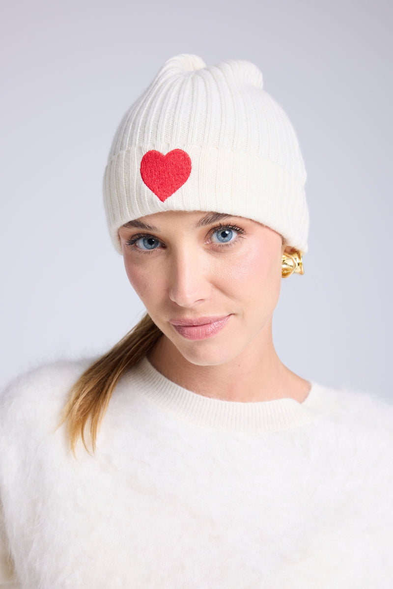 Bonnet Unisexe Cœur - Blanc Rouge