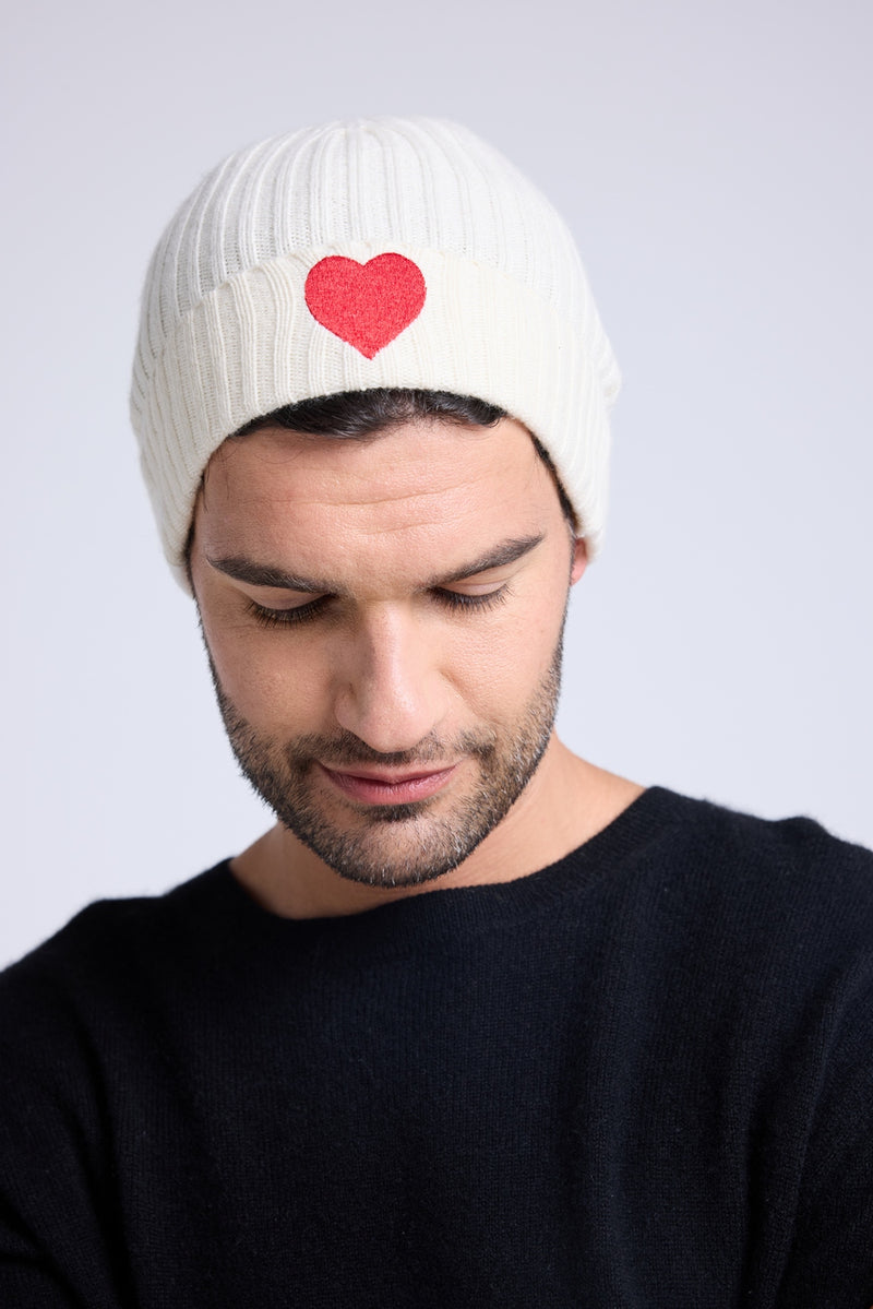 Bonnet Unisexe Cœur - Blanc Rouge