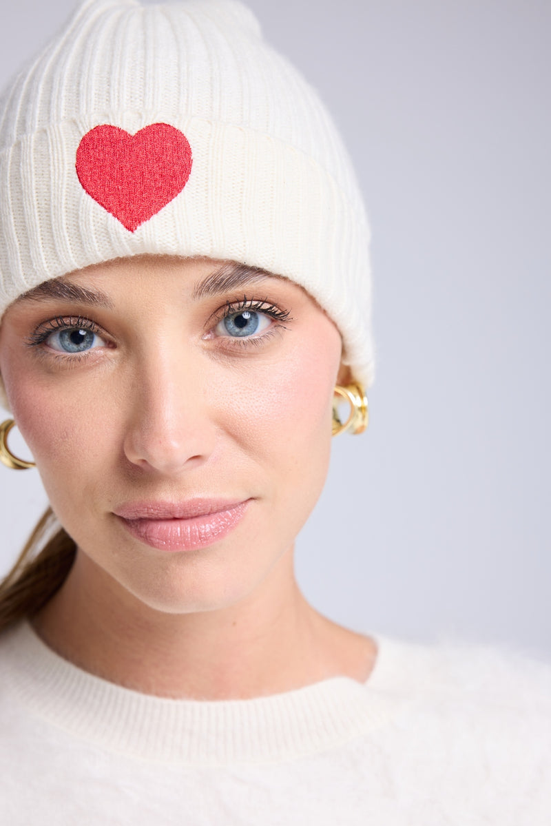 Bonnet Unisexe Cœur - Blanc Rouge