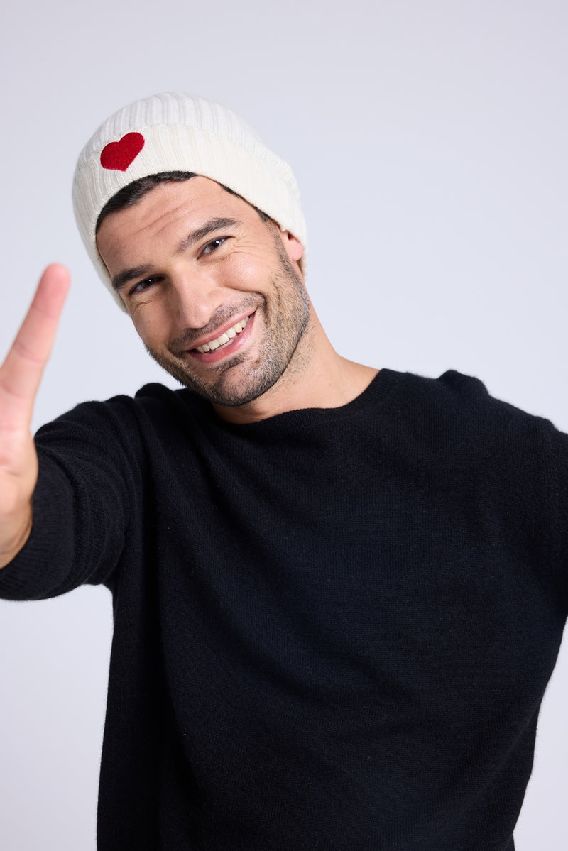 Bonnet Unisexe Cœur - Blanc Rouge