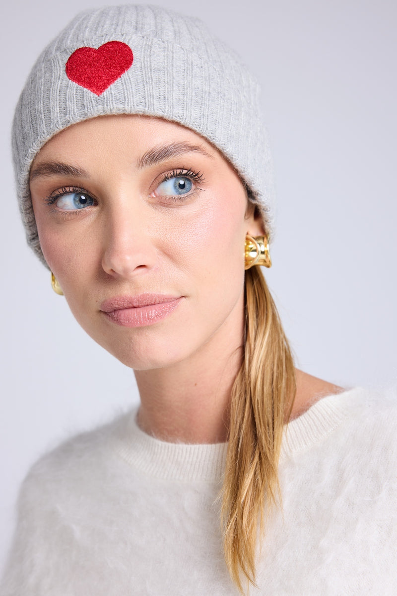 Bonnet Unisexe Cœur - Gris Clair Rouge