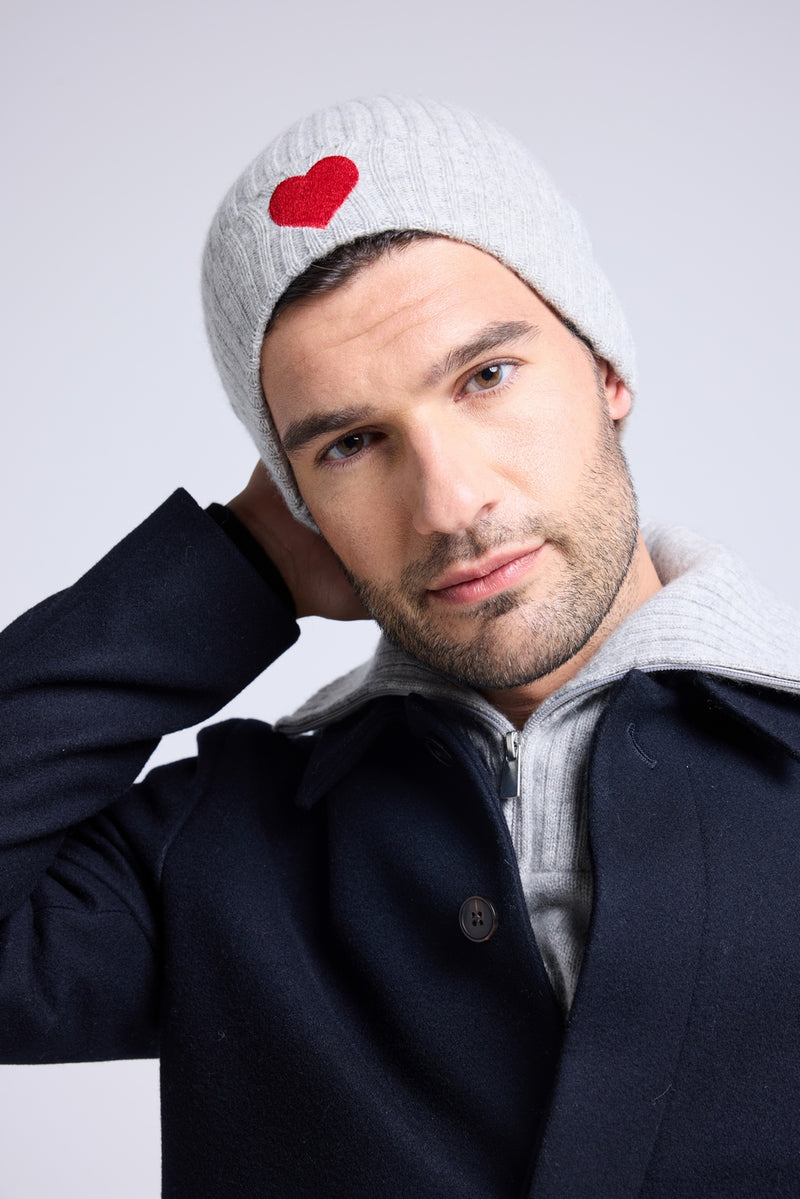 Bonnet Unisexe Cœur - Gris Clair Rouge