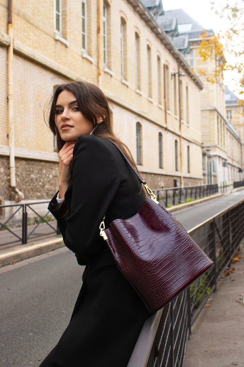 Bruna Croco Shoulder Bag - Bordeaux - Woman