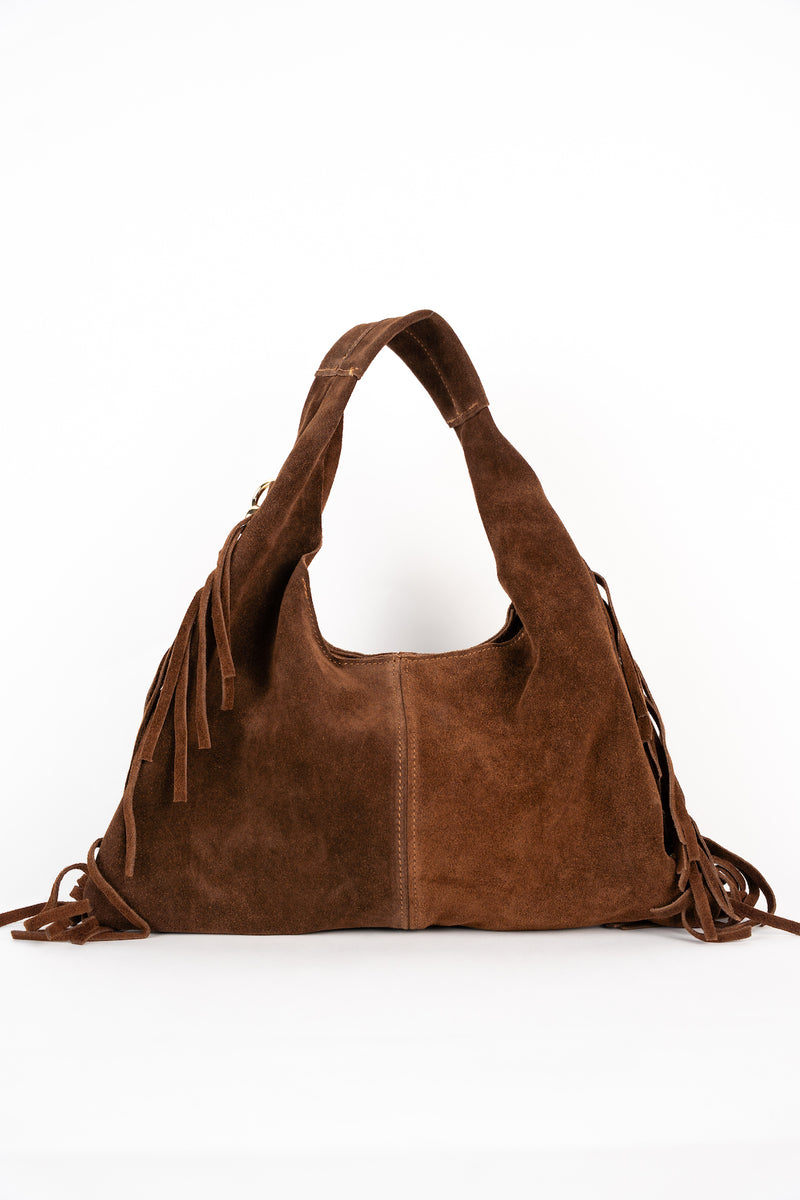 Bolso de hombro Eira con flecos - Marrón