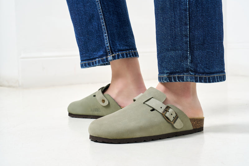 Noe Nubuck Olive Green Clogs - Women's
