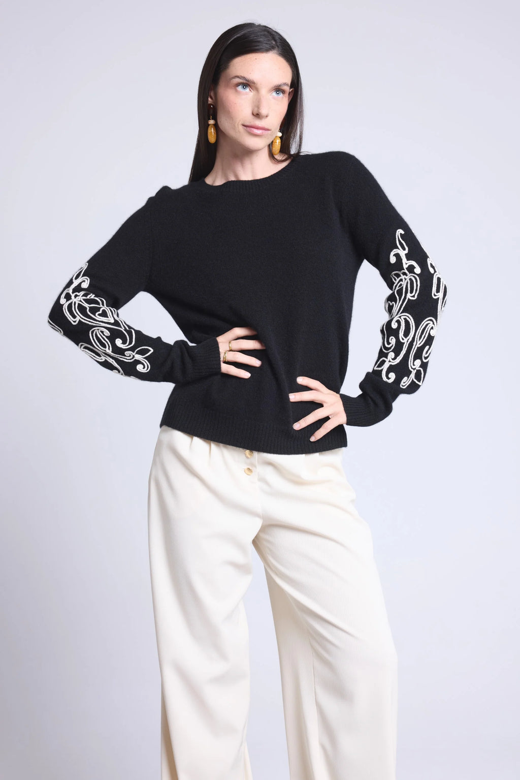 Micha Embroidered Sleeve Crew Neck Jumper - Black & White - Women