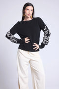 Micha Embroidered Sleeve Crew Neck Jumper - Black & White - Women